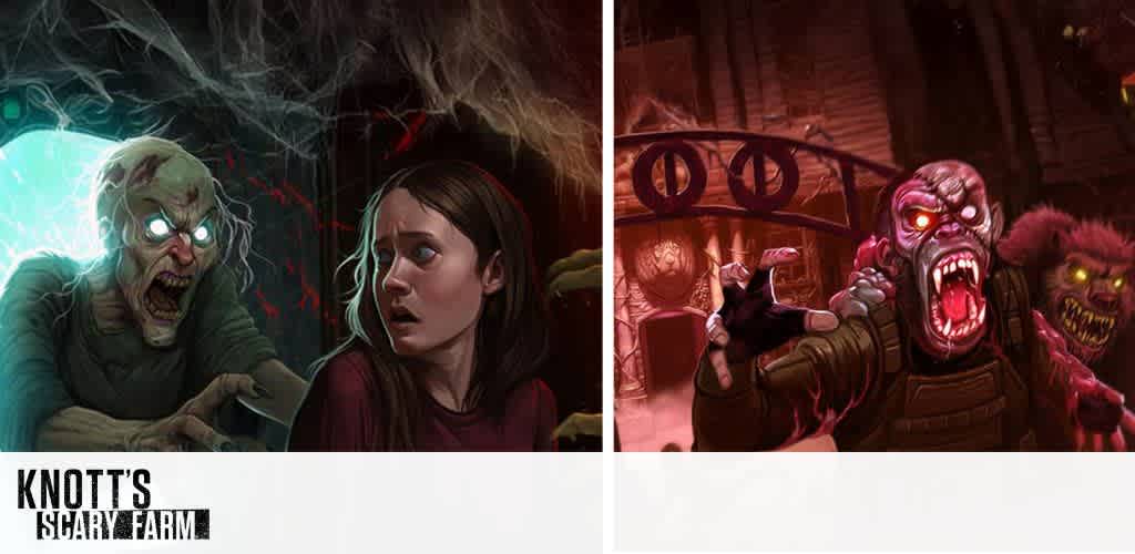 Split image showing a girl frightened by a ghoul on the left and creatures with glowing eyes on the right. Logo at bottom.