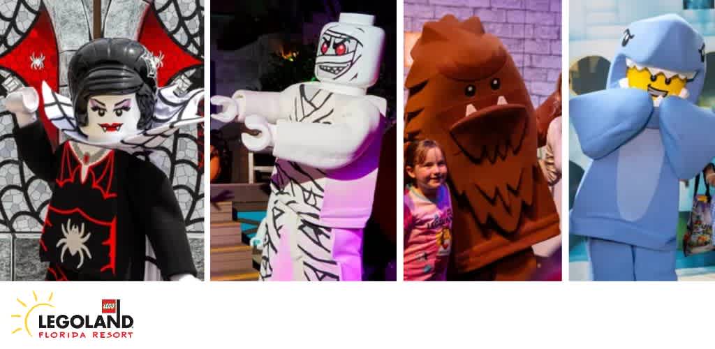 Four LEGO characters, including a vampire, mummy, creature, and shark, with a LEGOLAND Florida Resort logo.