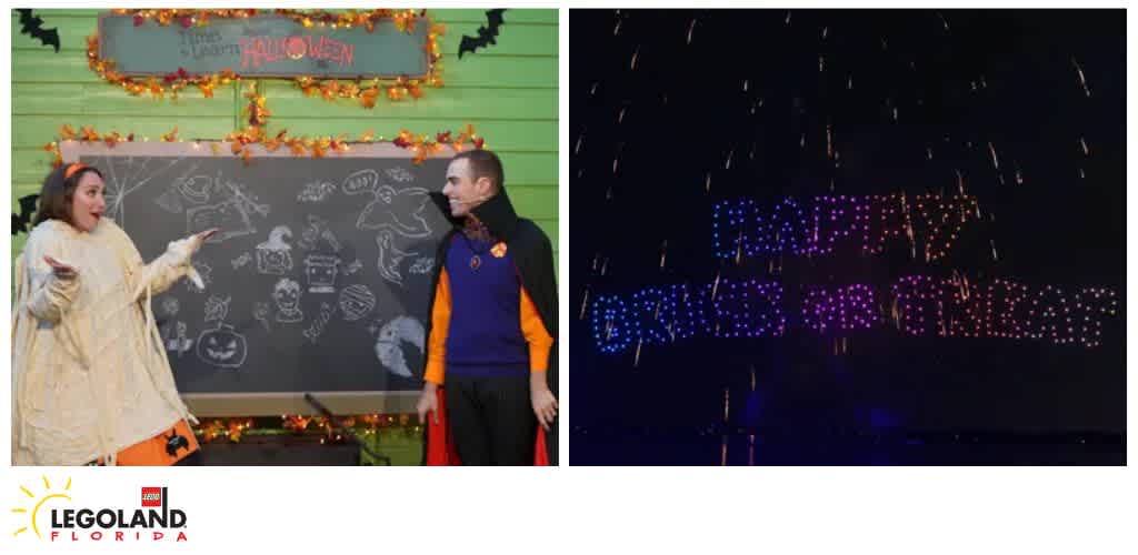 Two-part image: Left shows a woman and man in Halloween attire in front of a chalkboard with Halloween drawings. Right shows