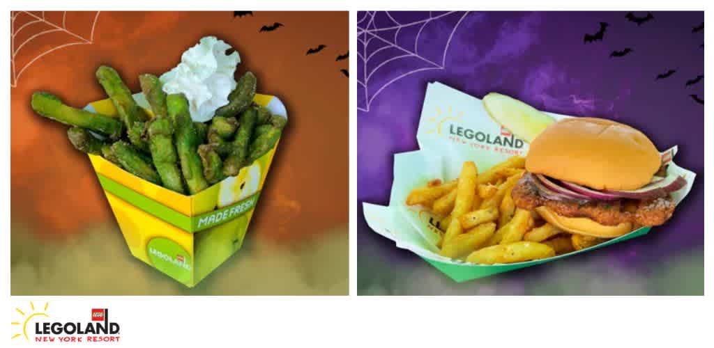 Two food items from LEGOLAND New York Resort: fried green beans with cream, and a burger with fries on a Halloween-themed background.