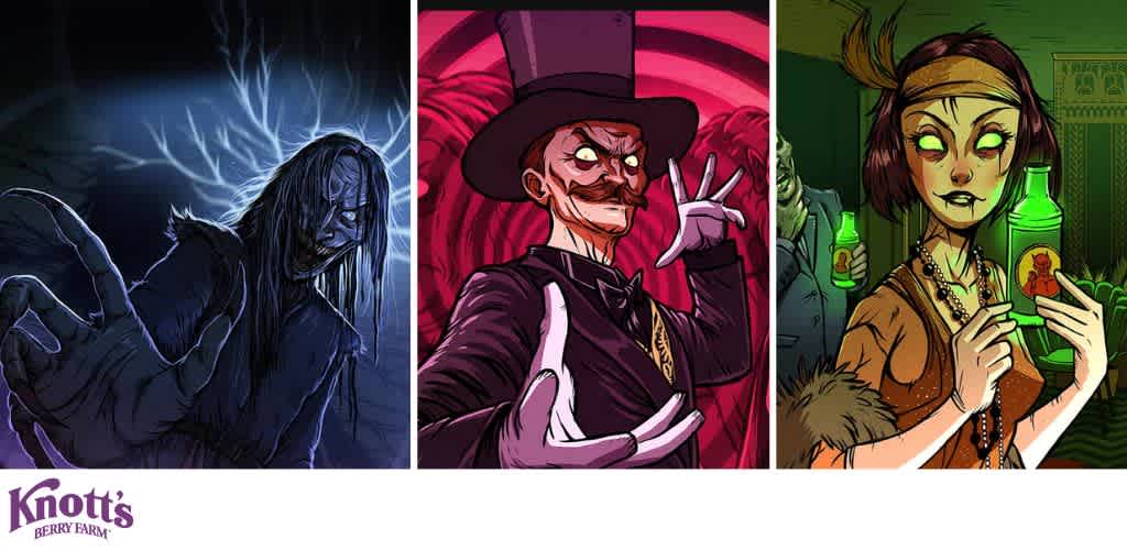 Three eerie characters in separate panels: a ghostly figure with blue lighting, a sinister man in a top hat, and a woman with glowing eyes holding a green bottle.