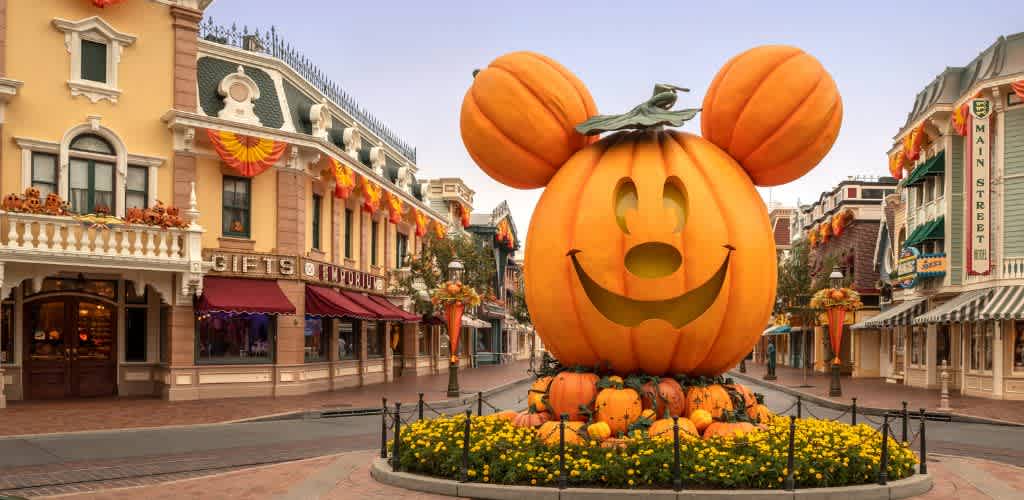 Large pumpkin decoration shaped like Mickey Mouse head on Main Street during fall season at Disneyland with autumn decorations and flowers around it