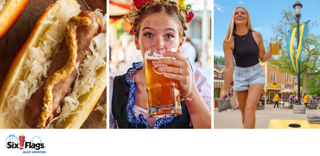 Three-panel image: a hot dog with sauerkraut and mustard, a woman holding a large beer, and a young woman holding a drink outdoors.
