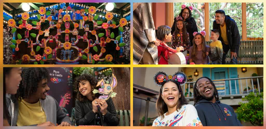 Group of diverse children and adults enjoying colorful festive and playful event with decorations, costumes, and happy interactions indoors and outdoors