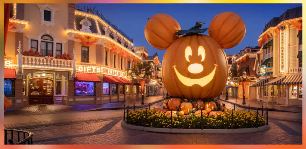 Large pumpkin with Mickey Mouse face carved into it sits outdoors at dusk, decorated with a witch hat and surrounded by yellow flowers in a themed street setting