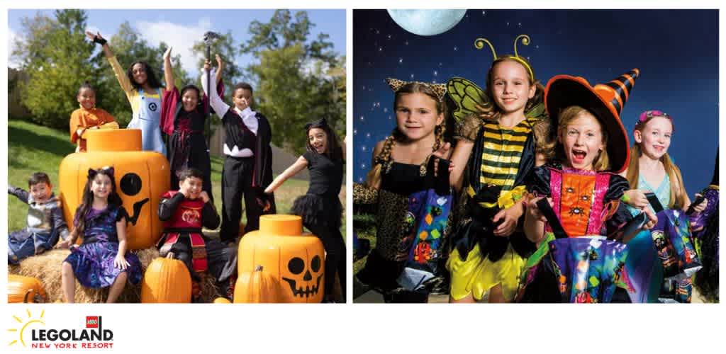 Children in Halloween costumes with pumpkins outdoors and another group indoors with a starry night backdrop.