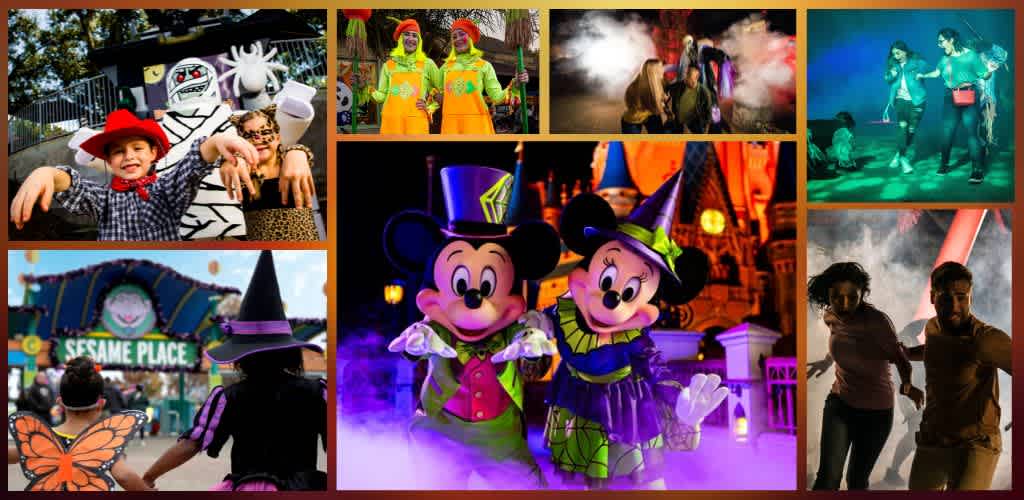 Children and adults enjoying Halloween themed attractions, characters, and performances at an outdoor amusement park with colorful costumes and festive decorations