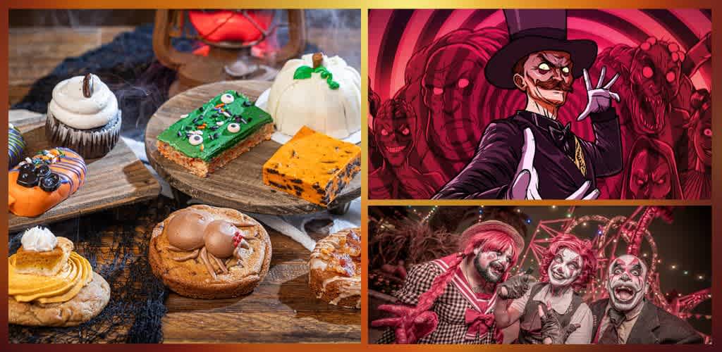 Assorted Halloween themed desserts and costumes featuring a sinister clown, creepy carnival performers, and a dark character with a hat and dark background