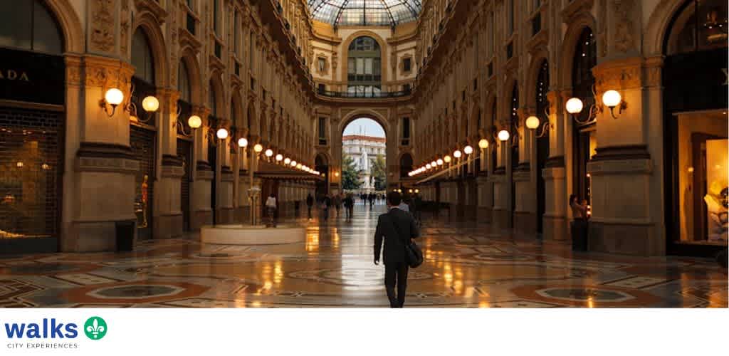 A man in a suit walking through an elegant, historic shopping arcade with arched ceilings and ornate architecture, illuminated by warm spherical lights lining the walkway.