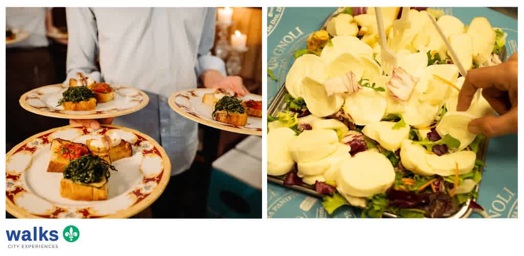 Two plates of appetizers and a salad with cheese and greens on a table, viewed from above.