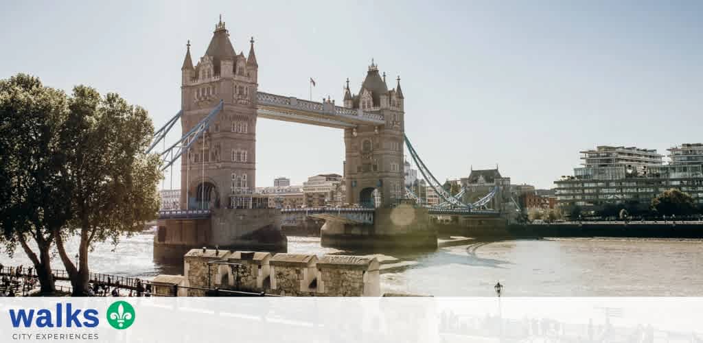 View of Tower Bridge over the River Thames with trees and modern buildings in the background.