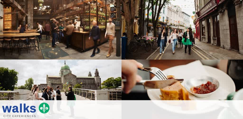 Collage of city streets, a historic church, a bar with patrons, and a plate of food showcasing diverse urban experiences.