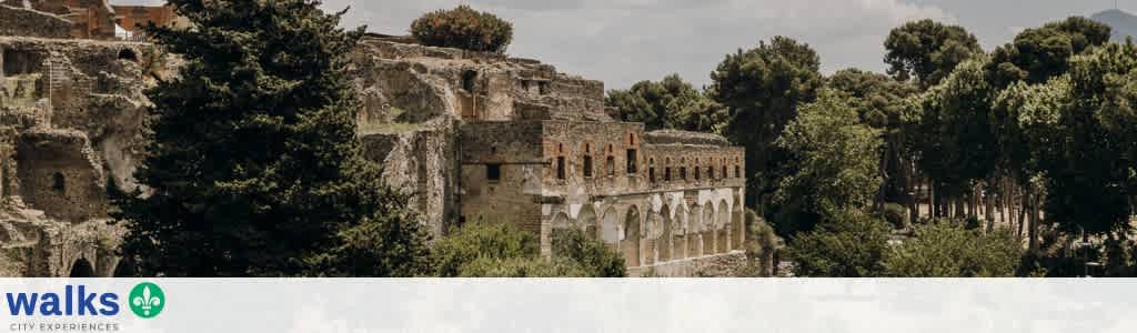 Ancient stone ruins surrounded by lush green trees and hills under a cloudy sky