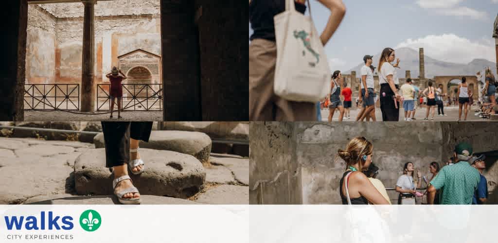 People exploring ancient ruins including a woman taking photos, someone walking on stone steps, and a group of visitors in a historic site
