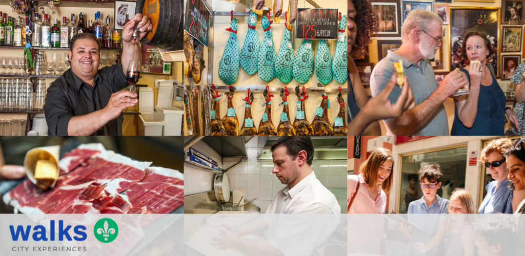 A smiling bartender serving wine, market stalls with hanging sausages, people enjoying food and drinks, and a chef preparing food inside a restaurant.