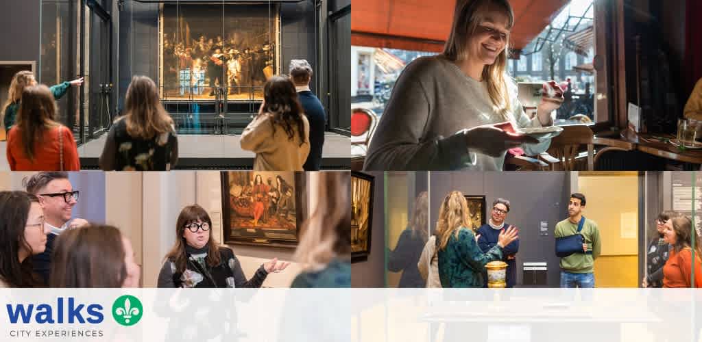 Four groups of people enjoying various museum activities including watching a film exhibit, eating at a cafe, viewing artwork, and engaging in a conversation