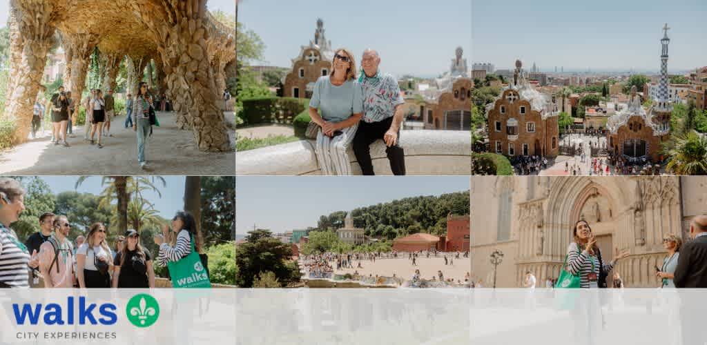 Group of tourists exploring Park Güell in Barcelona with colorful architecture and scenic views in the background