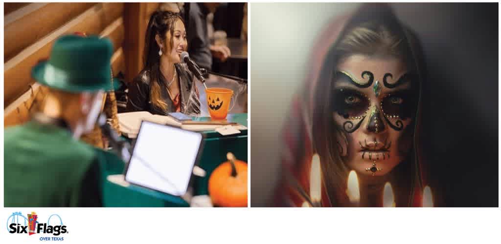 A woman with a microphone at a table next to a carved pumpkin, and a close-up of a person with Day of the Dead face paint surrounded by candles.