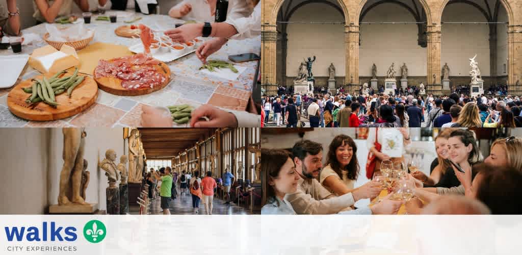 A diverse group of people enjoying food, art, and cultural experiences in a museum and outdoor public space.