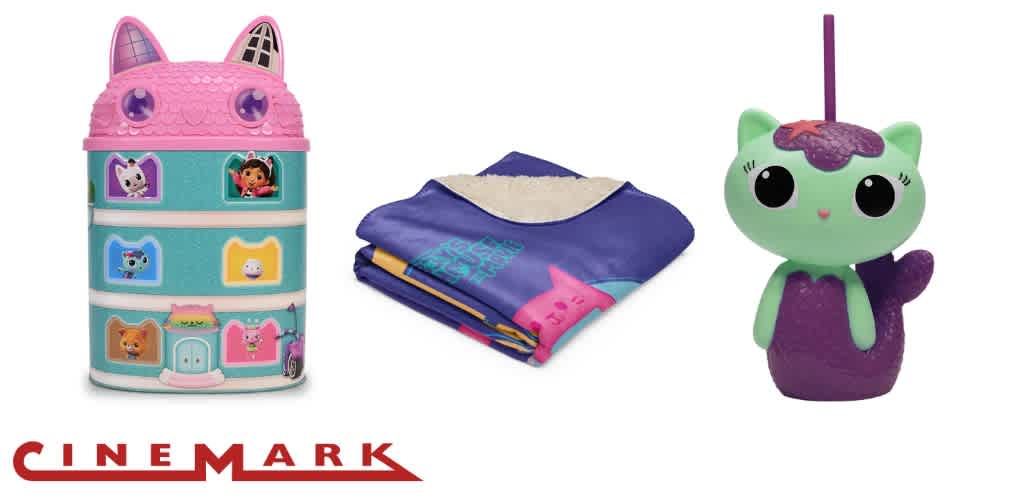 Three cat-themed children's items: a toy container, a blue blanket with a cat pocket, and a cat-shaped cup with a straw. Cinemark logo at the bottom.