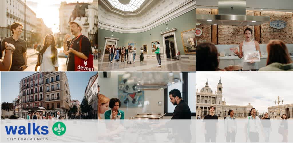 A collage of diverse people exploring city streets, museums, cafes, and historic landmarks during daytime.