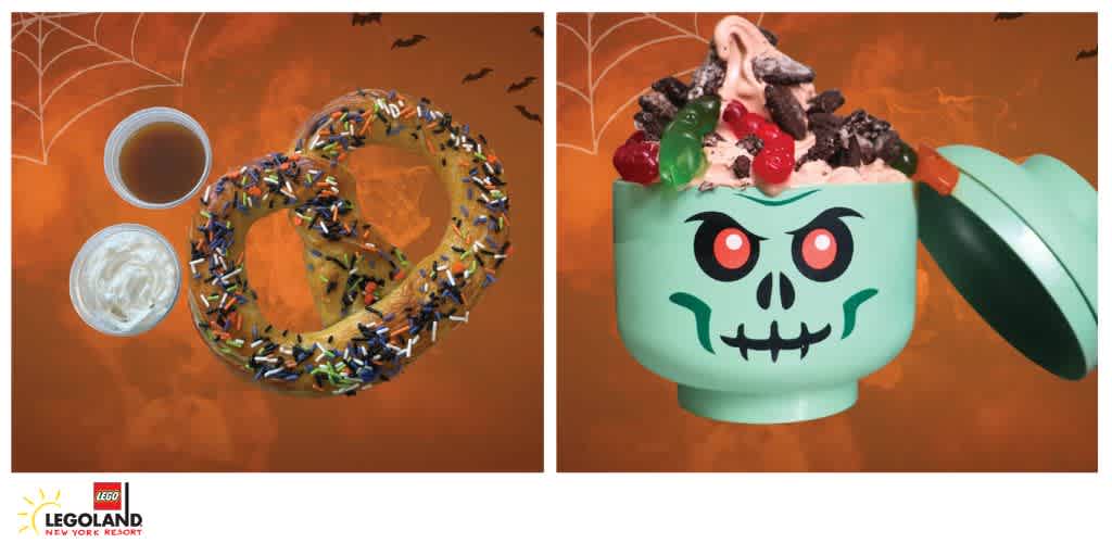 A divided image with a pretzel and dips on the left, and a spooky face cup with dessert on the right against an orange background with bats and webs.