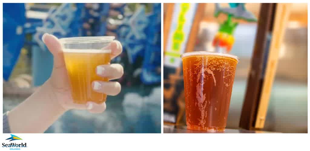 A hand holding a cup of light amber liquid and a separate cup of darker amber liquid on a counter.