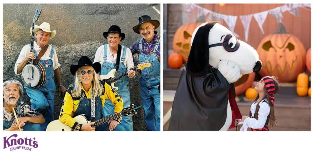 A band with musical instruments on the left and a child in a pirate costume with a dog mascot on the right.