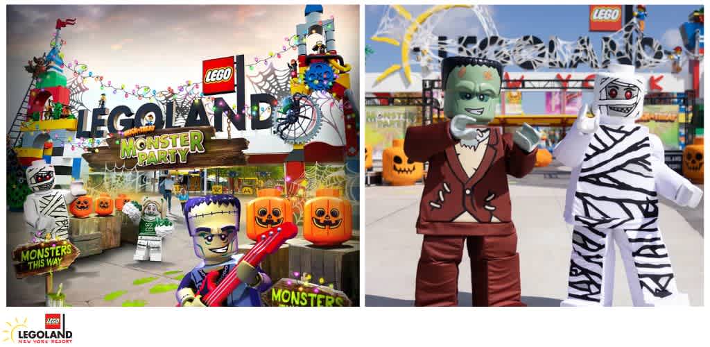 Collage image of Halloween scenes at LEGOLAND New York Resort featuring LEGO monster figures and decorations.