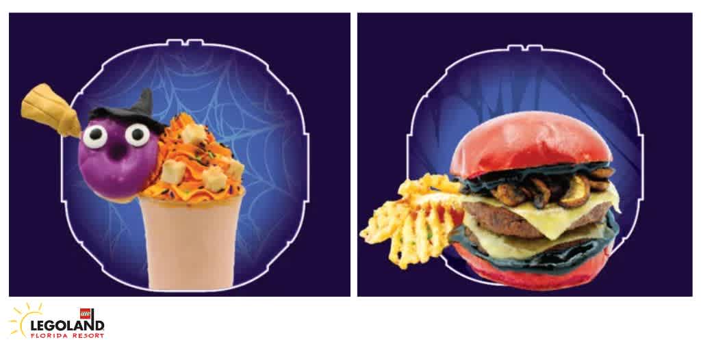 A Halloween-themed dessert and burger from Legoland, with a witch cake pop and a hamburger with a red bun.