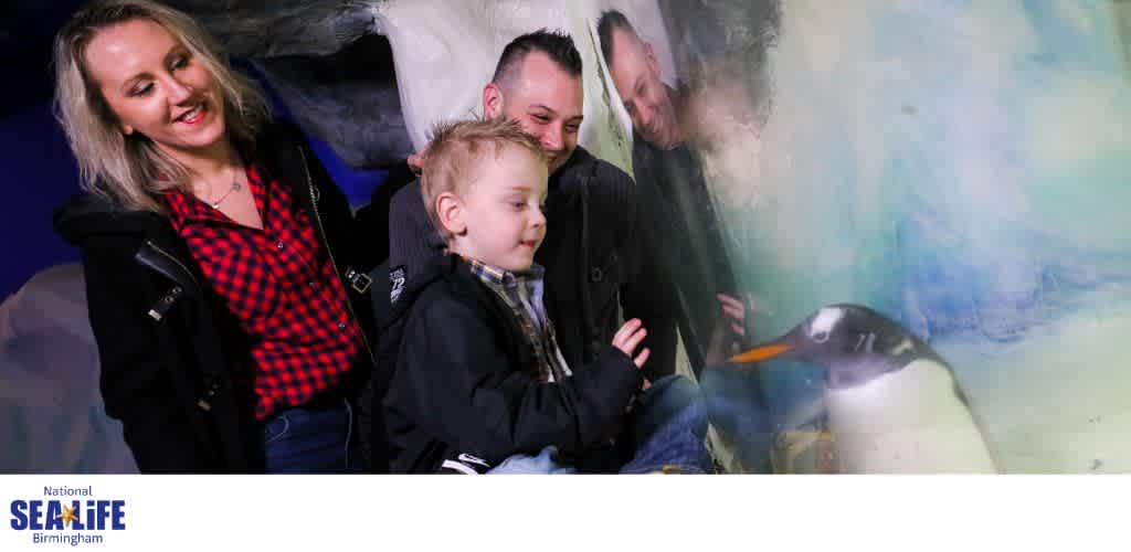 A family of four interacting closely with a penguin exhibit at Sea Life Birmingham indoors.