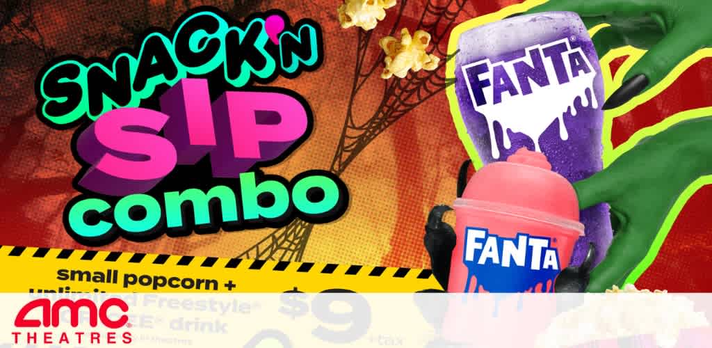 AMC Theatres Snack 'n Sip Combo advertisement with popcorn, Fanta drinks, and vibrant colors.