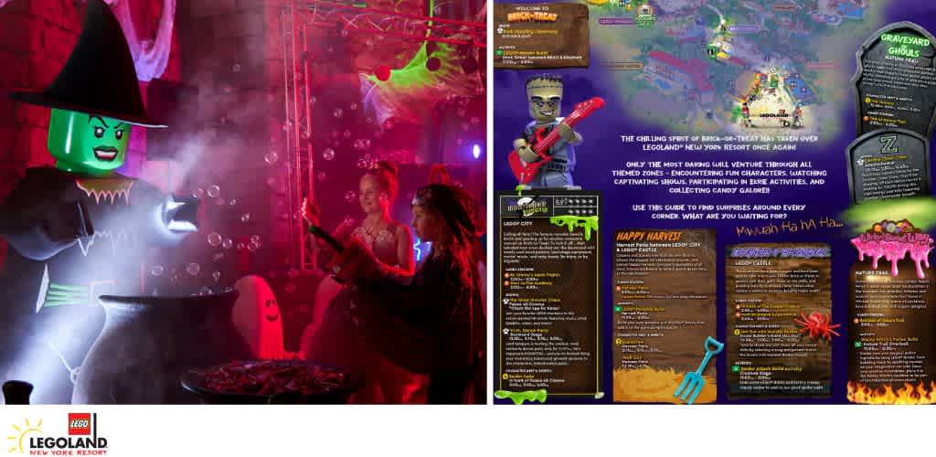 A Lego witch with children at Legoland New York's Brick-or-Treat event; an adjacent guide map and event details.