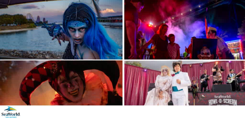 A collage of Halloween-themed scenes at SeaWorld San Antonio, including costumed actors and a live performance.