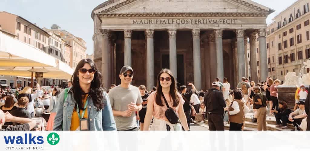 Group of tourists visiting a historic site with ancient Greek architecture and crowds on a sunny day