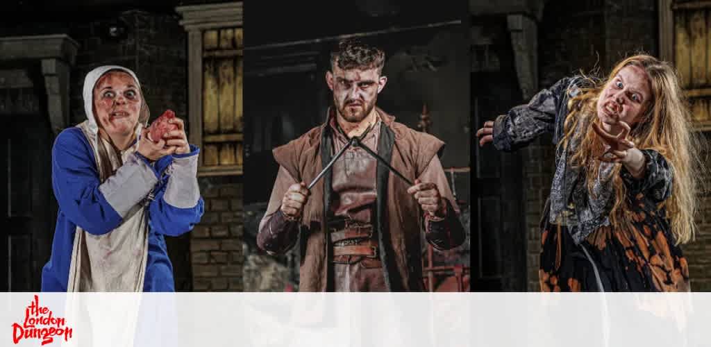 Three actors on stage in colorful costumes perform in a play at The London Dungeon with a dark, medieval-themed background.