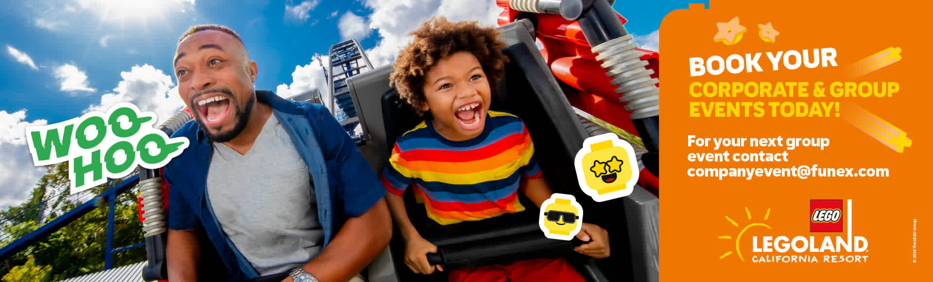 Two smiling people on a roller coaster ride with a bright blue sky and trees in the background, promoting booking group events at LEGOLAND California Resort.