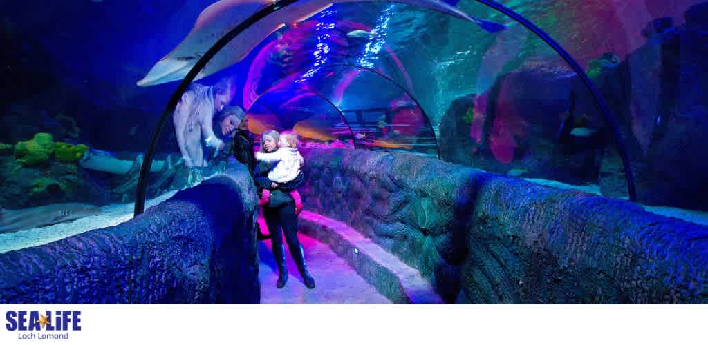 People walking through an underwater tunnel with colorful marine life and large glass walls at Sea Life Loch Lomond.