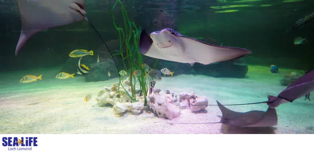 People are viewing a large aquarium tank with various fish and a stingray swimming near the sandy bottom and rocks.