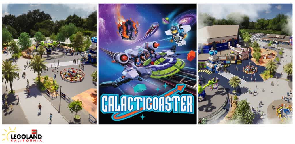 Three sections show an outdoor amusement park with rides and attractions, a colorful space-themed game logo, and a view of guests enjoying the park on a sunny day.