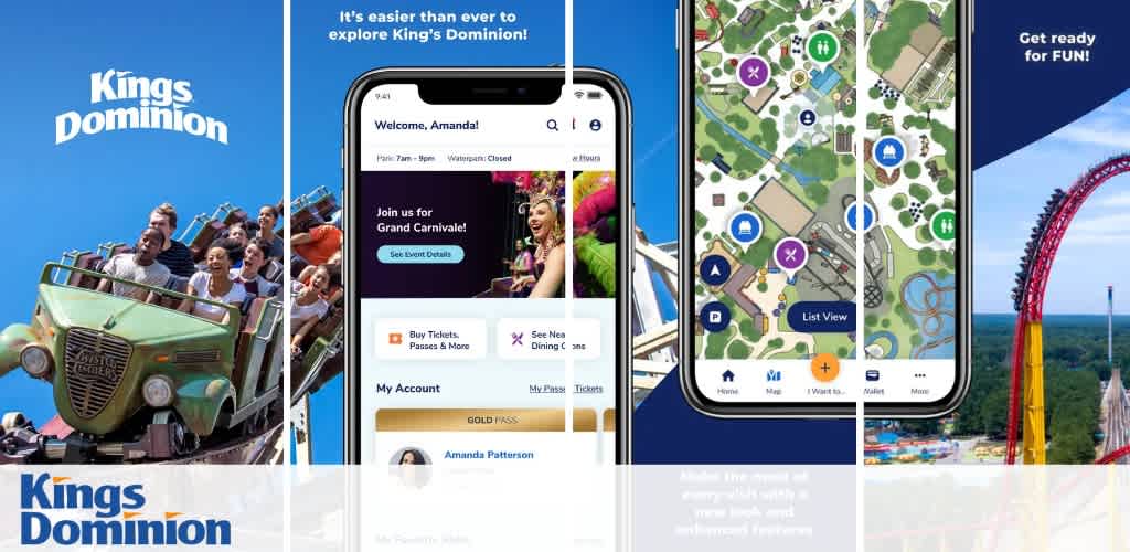 A King's Dominion advertisement featuring a roller coaster, app interface, park map, and tower ride.
