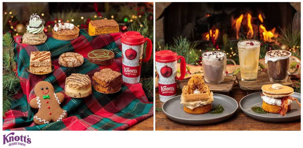 Festive food and drinks from Knott's Berry Farm displayed on holiday-themed settings with desserts, breakfast items, and hot beverages.