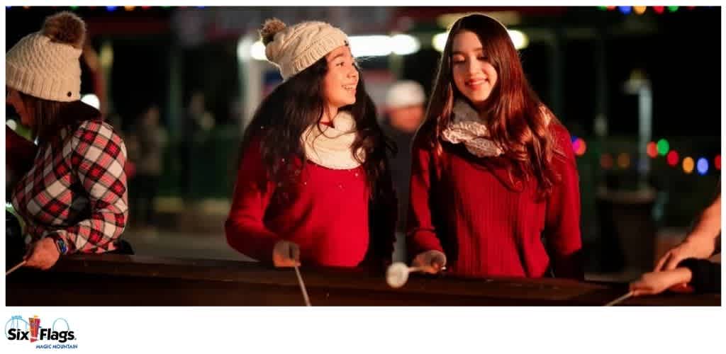 People roasting marshmallows at a festive outdoor event, with Christmas lights in the background.