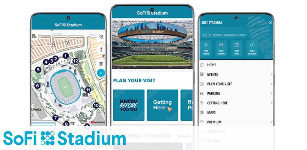 Three smartphone screens displaying SoFi Stadium app features with a logo underneath.