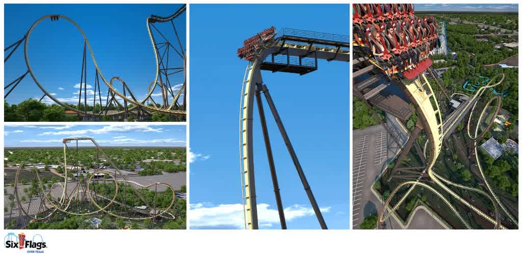 Three panel images of a roller coaster at Six Flags Over Texas showing the full structure, a steep drop, and riders at the peak.