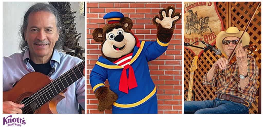 Triptych with a guitarist, a bear costume figure, and a fiddle player in separate sections.