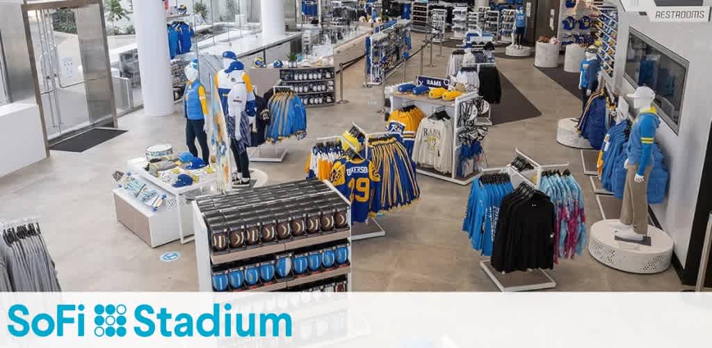 Merchandise store inside SoFi Stadium with sports apparel and accessories.