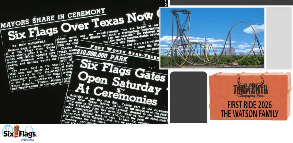 Collage with newspaper clippings, roller coaster photo, Six Flags logo, and commemorative brick for 