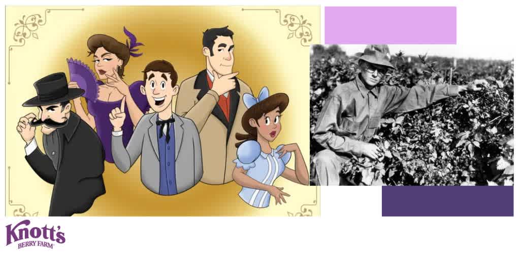 Illustration of five vintage-dressed cartoon characters next to a black and white photo of a man in a berry field.