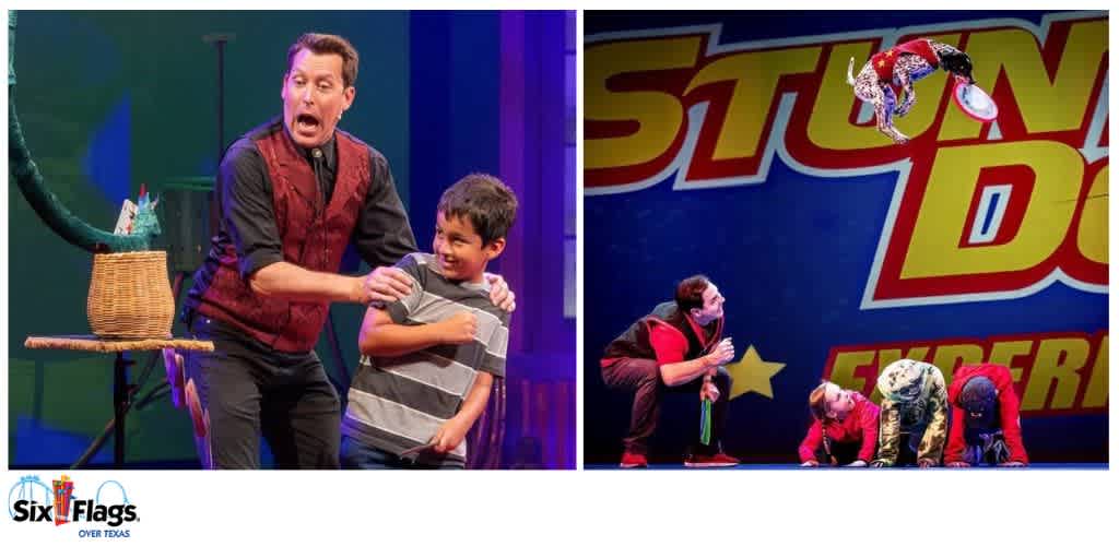 A man performing a magic trick with a young boy, and a small dog jumping over two children and an adult.